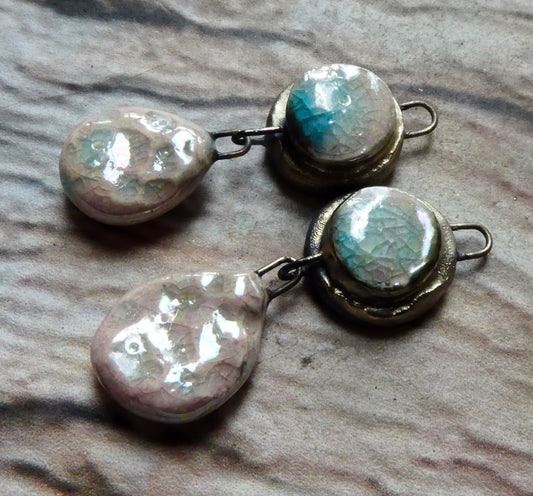 Ceramic Lustrous Moulded Disc and Seastone Dangles - Orchid
