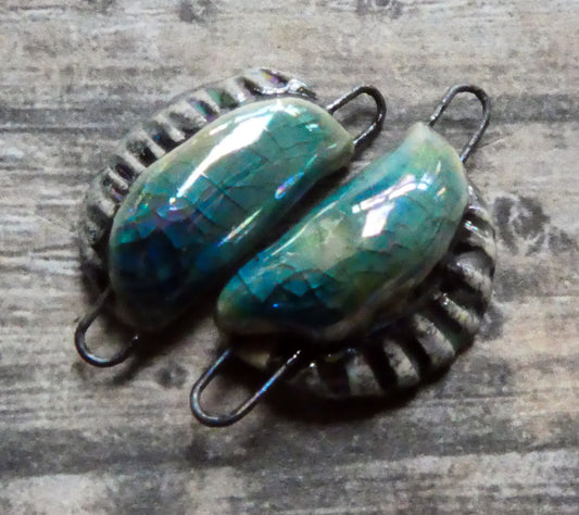 Ceramic Lustrous Black-Lipped Shell Earring Connectors - Oriental Blue