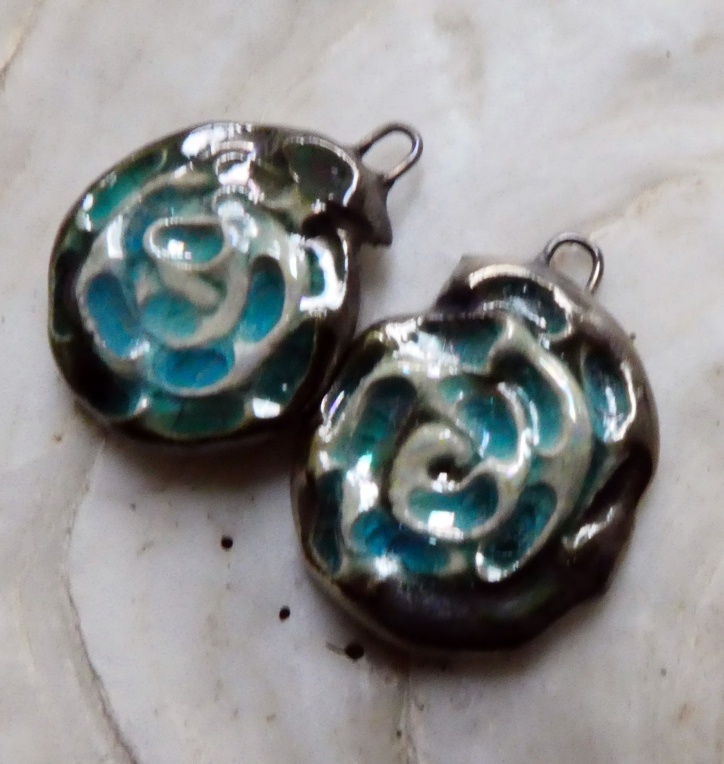 Ceramic Lustrous Nautilus Shell Earring Charms - Egyptian Blue Crackle