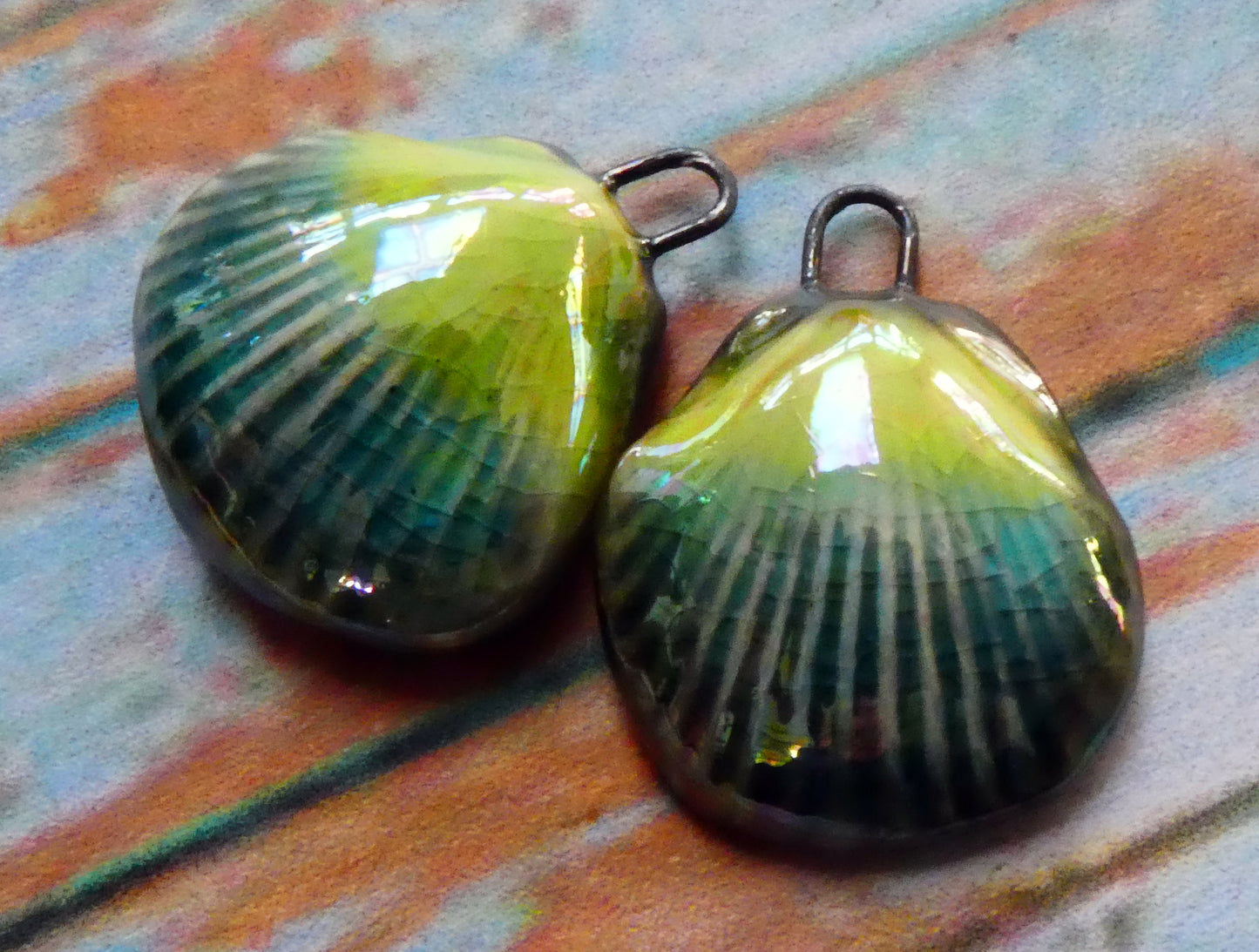 Ceramic Lustrous Scallop Shell Charms -Lime and Oriental Blue