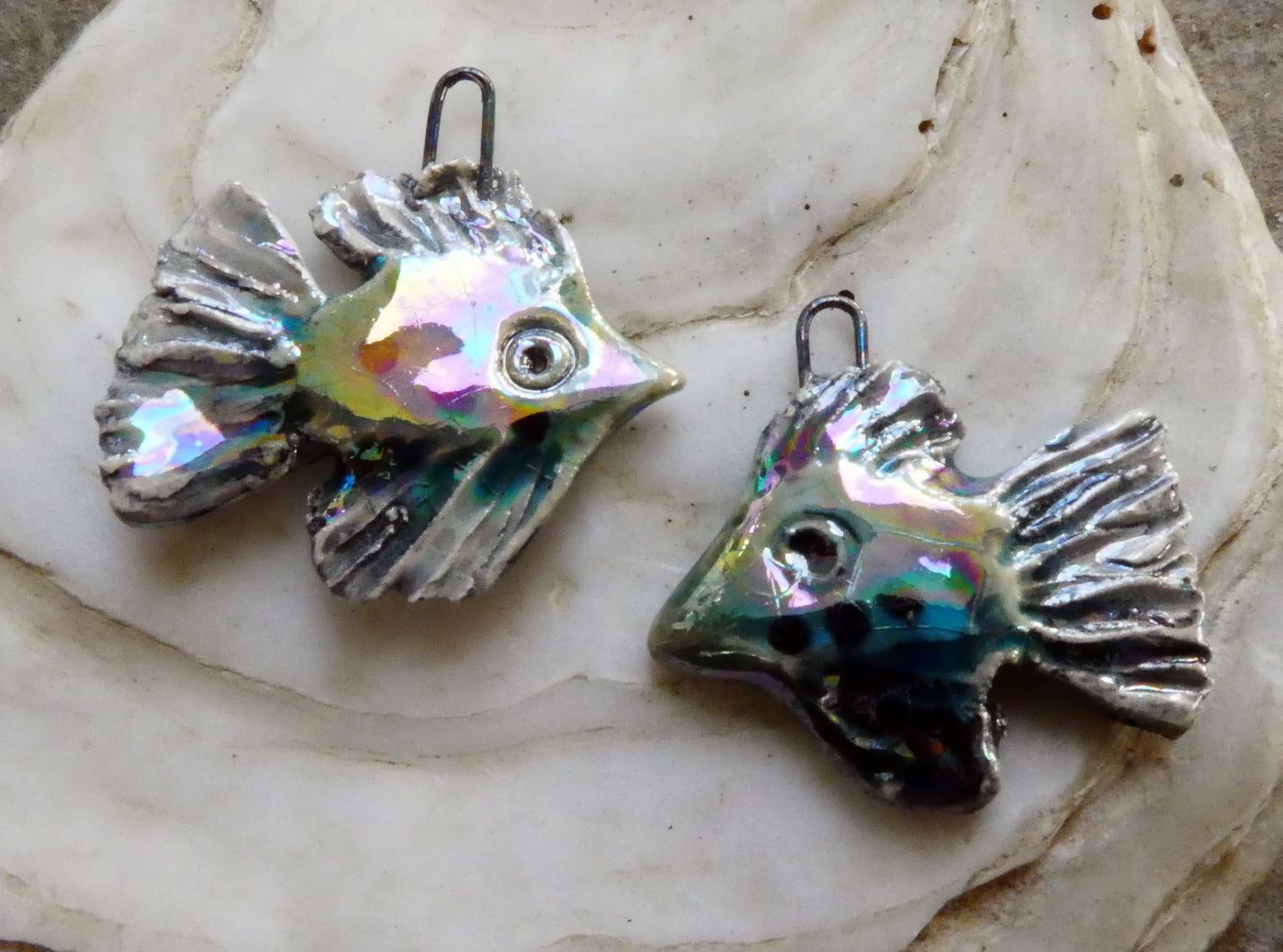 Ceramic Lustrous Frilly Fish Earring Charms - Egyptian Blue