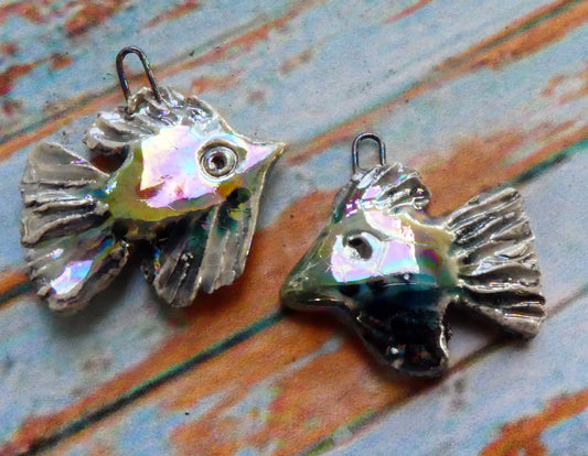 Ceramic Lustrous Frilly Fish Earring Charms - Egyptian Blue