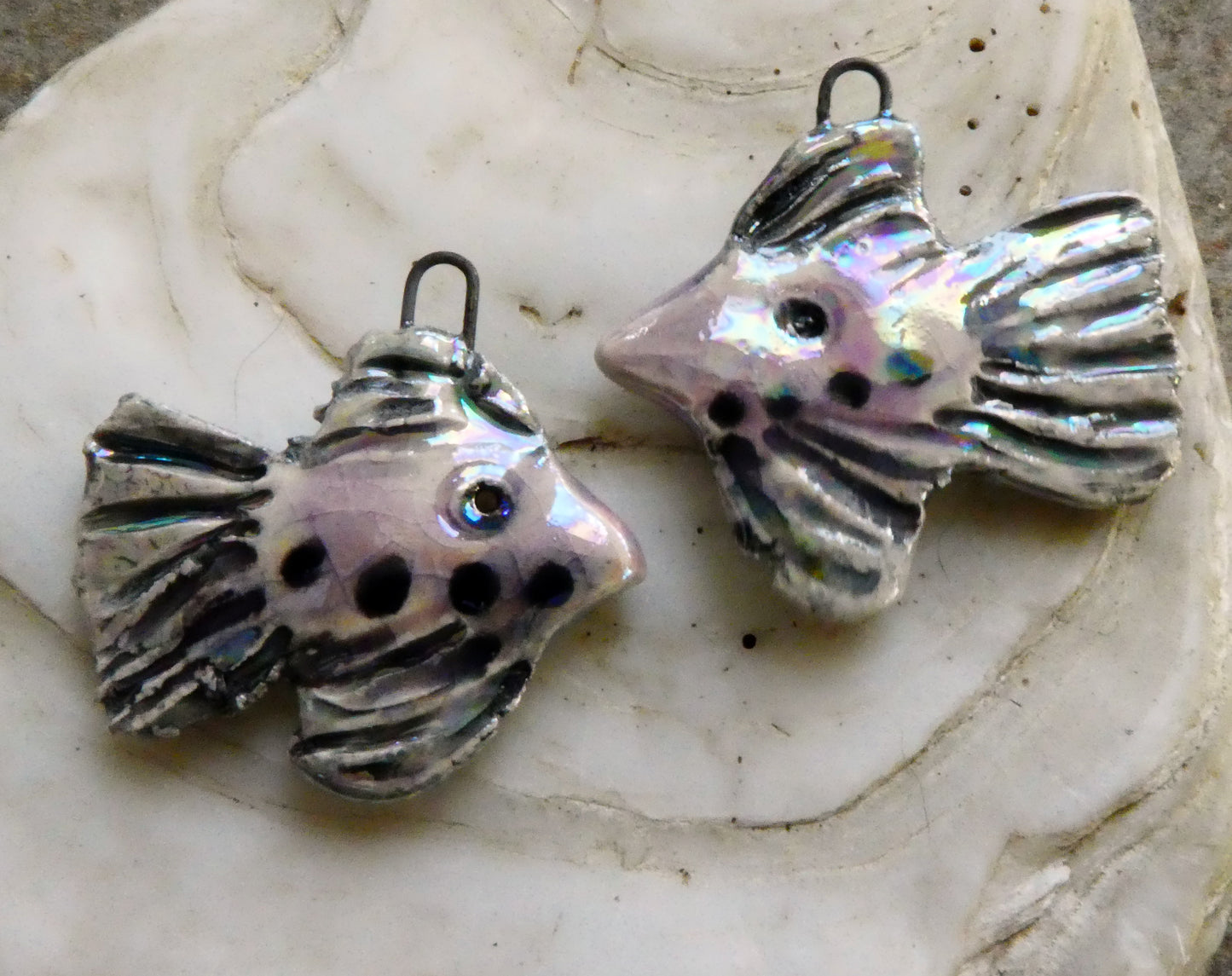 Ceramic Lustrous Frilly Fish Earring Charms - Amethyst