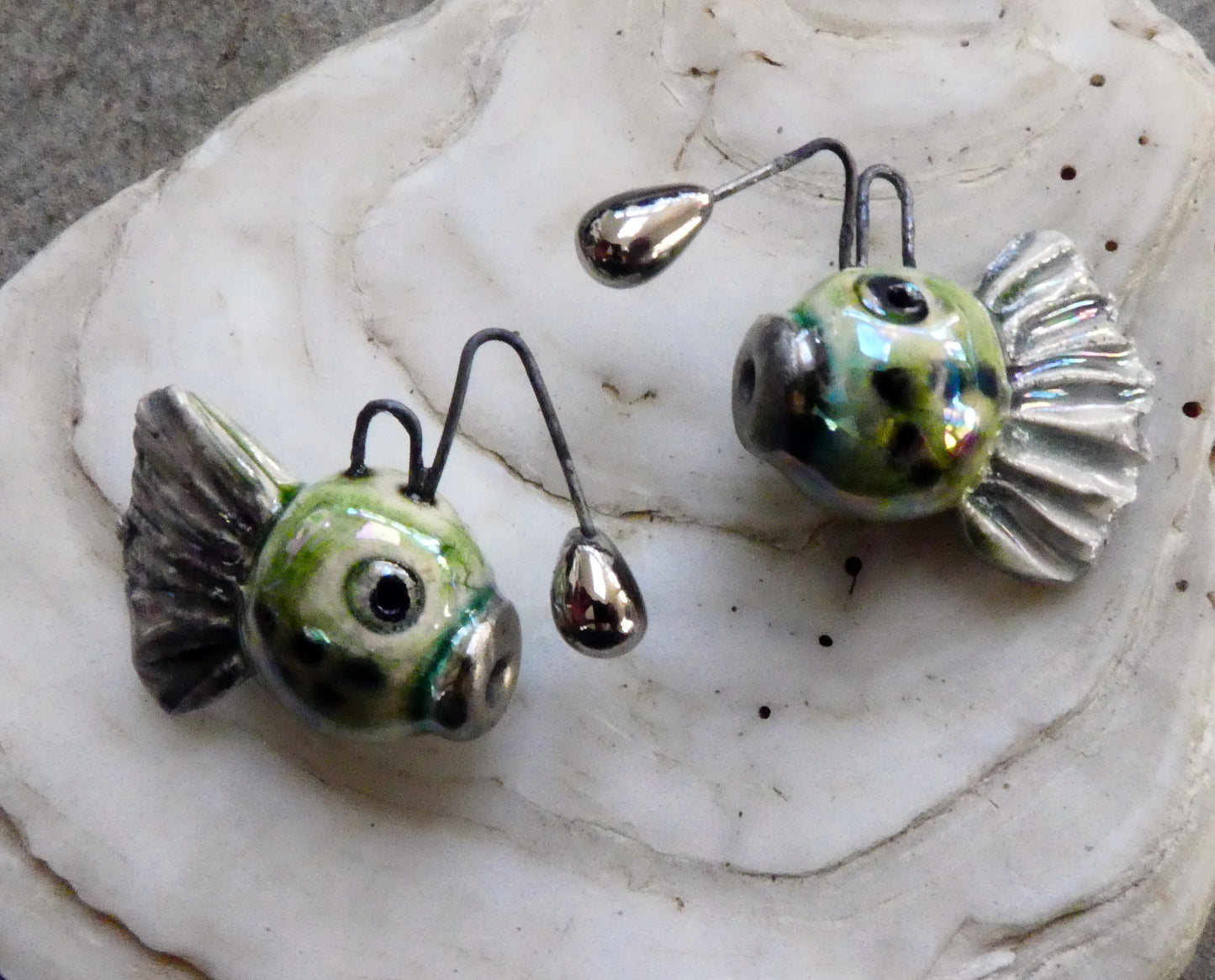 Ceramic Lustrous Angler Fish Earring Charms - Green Crackle