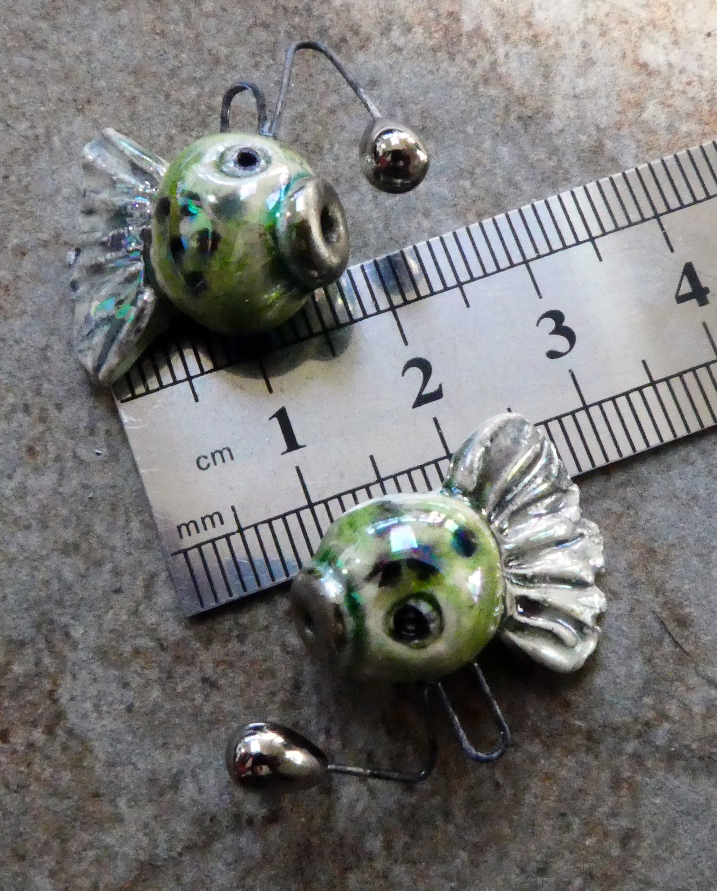 Ceramic Lustrous Angler Fish Earring Charms - Green Crackle