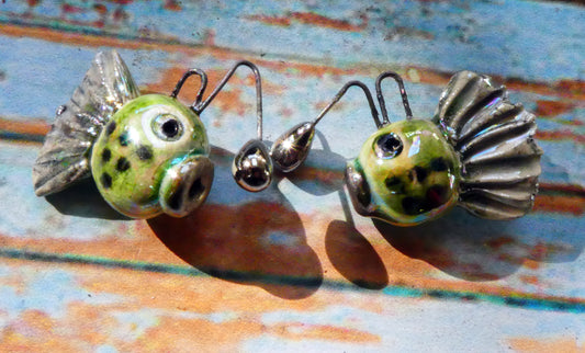 Ceramic Lustrous Angler Fish Earring Charms - Green Crackle