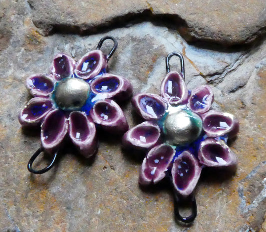 Ceramic Little Flower Earring Connectors - Plum Jelly