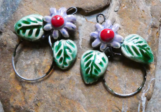 Ceramic Leaf and Flower Hoopy Earring Charms - Purple Reign