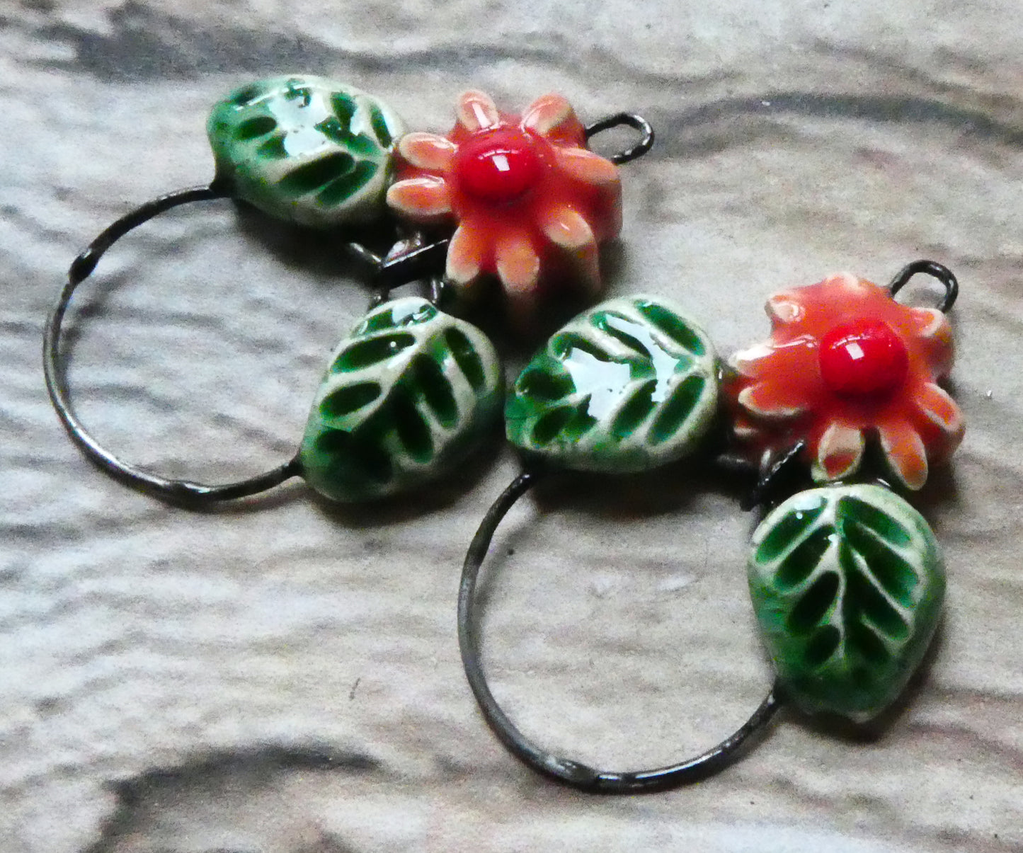 Ceramic Leaf and Flower Hoopy Earring Charms - Watermelon