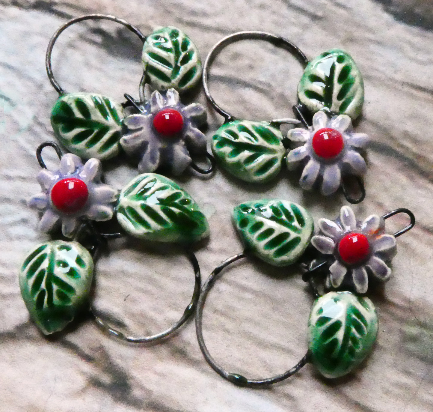 Ceramic Leaf and Flower Hoopy Earring Charms - Purple Reign
