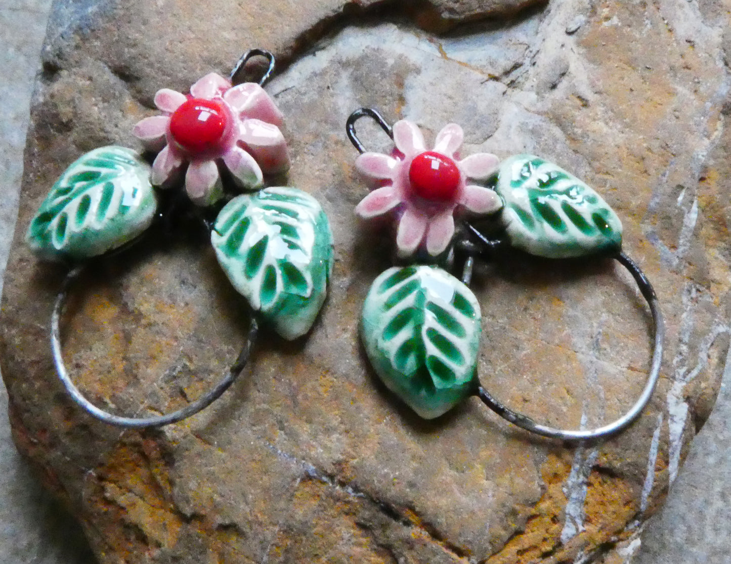 Ceramic Leaf and Flower Hoopy Earring Charms - Berry Tart