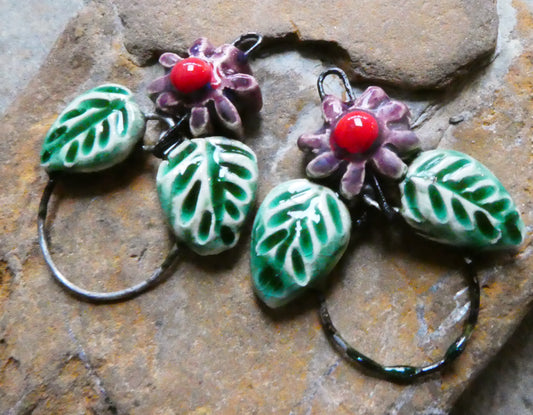 Ceramic Leaf and Flower Hoopy Earring Charms - Plum Jelly
