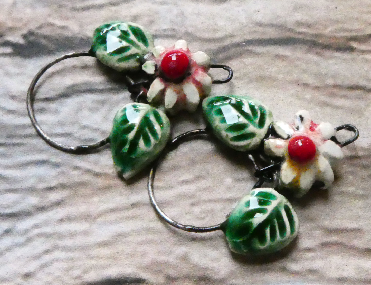 Ceramic Leaf and Flower Hoopy Earring Charms - Poppy Fields