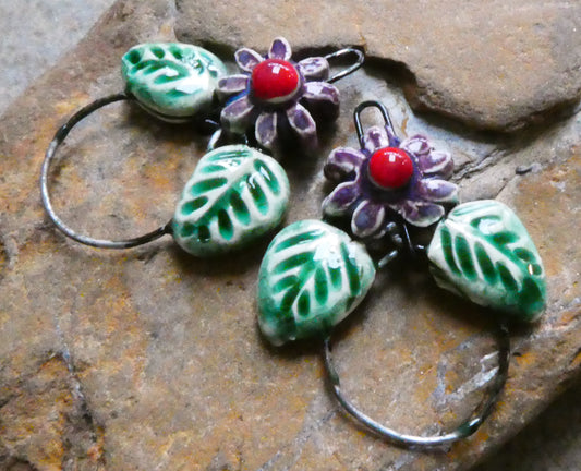 Ceramic Leaf and Flower Hoopy Earring Charms - Royal Fantasy