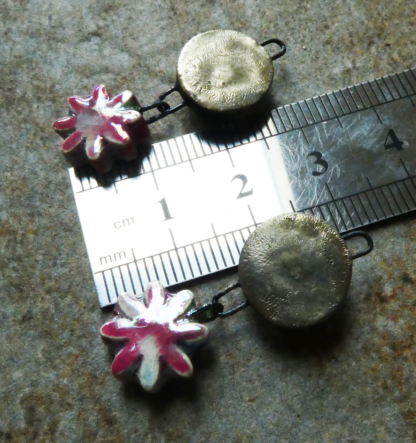 Ceramic Lustrous Moulded Disc and Flower Dangles #1 - Tickled Pink