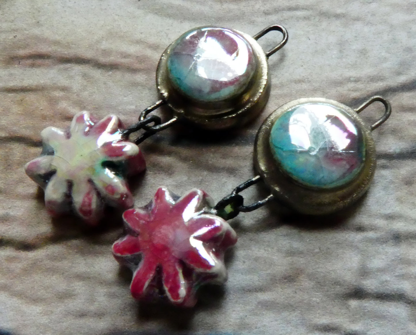 Ceramic Lustrous Moulded Disc and Flower Dangles #1 - Tickled Pink
