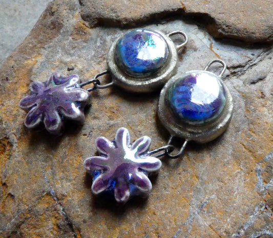 Ceramic Lustrous Moulded Disc and Flower Dangles #1 -Royal Fantasy