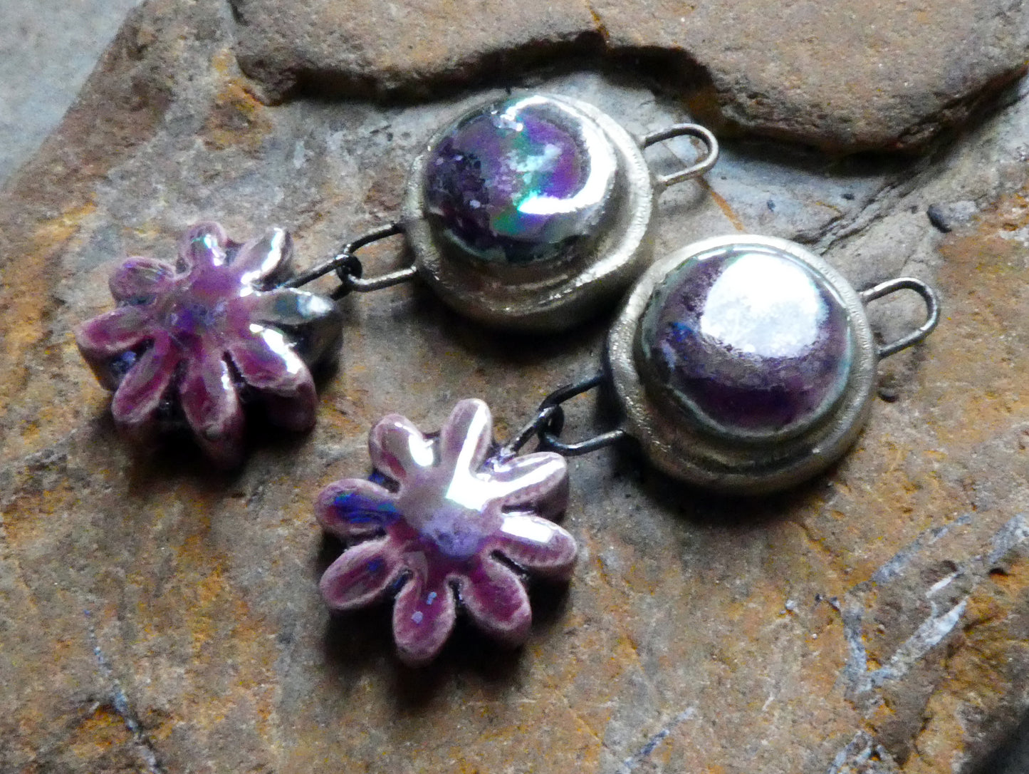 Ceramic Lustrous Moulded Disc and Flower Dangles #1 -Plum Jelly