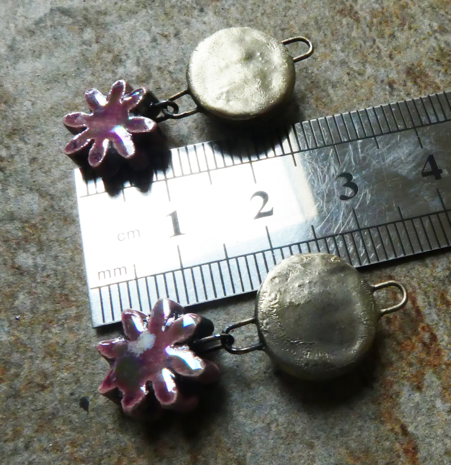 Ceramic Lustrous Moulded Disc and Flower Dangles #1 -Plum Jelly
