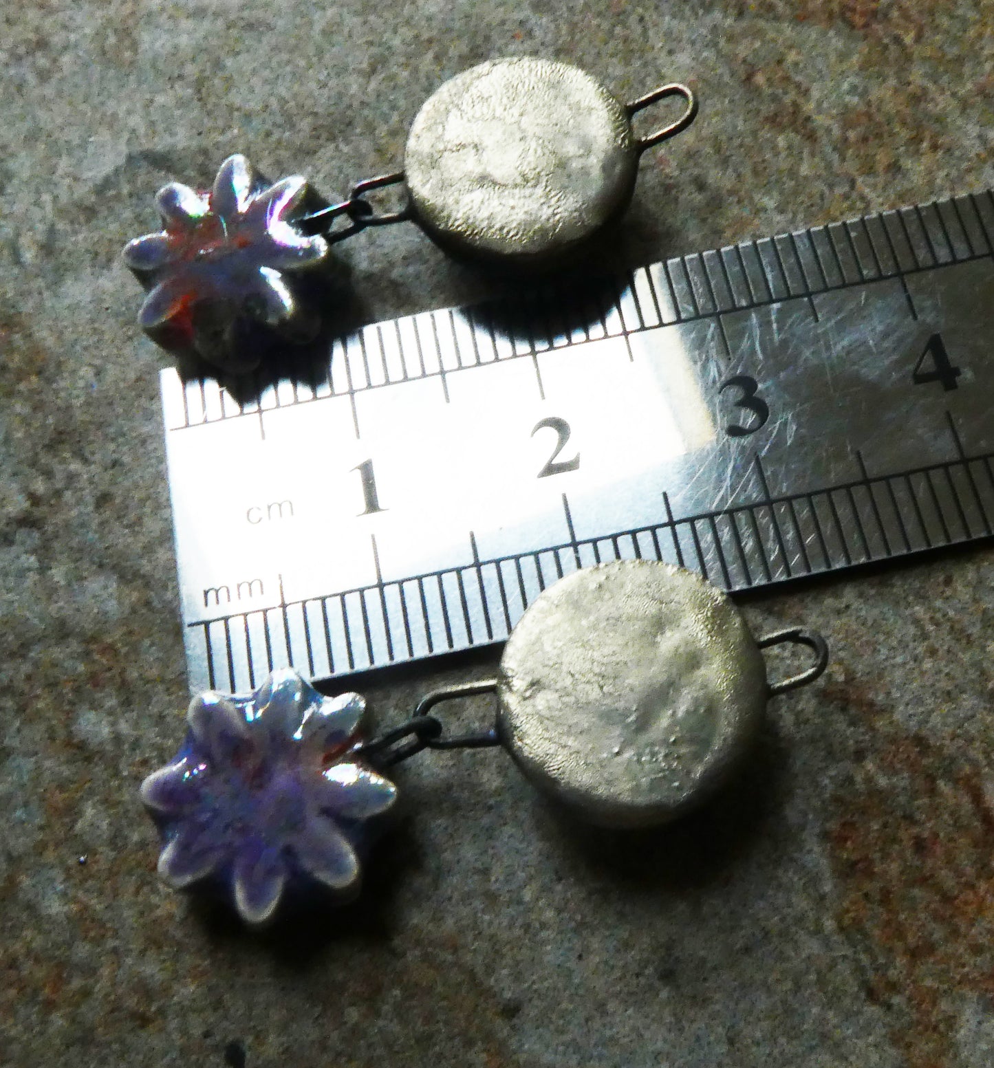 Ceramic Lustrous Moulded Disc and Flower Dangles #1 -Floral Fantasy