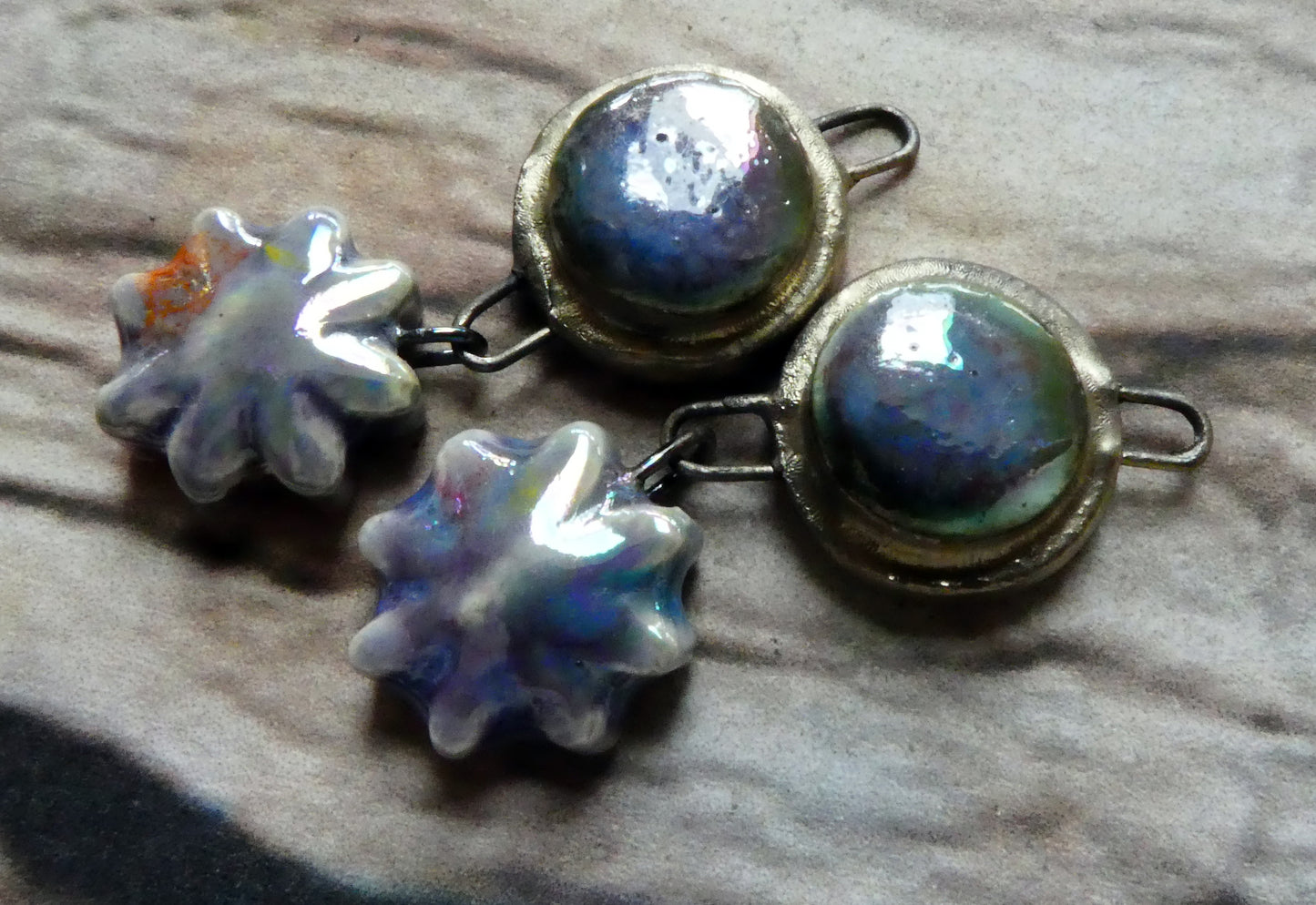 Ceramic Lustrous Moulded Disc and Flower Dangles #1 -Floral Fantasy