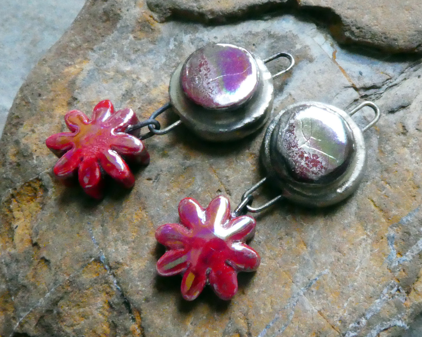 Ceramic Lustrous Moulded Disc and Flower Dangles #1 -Red