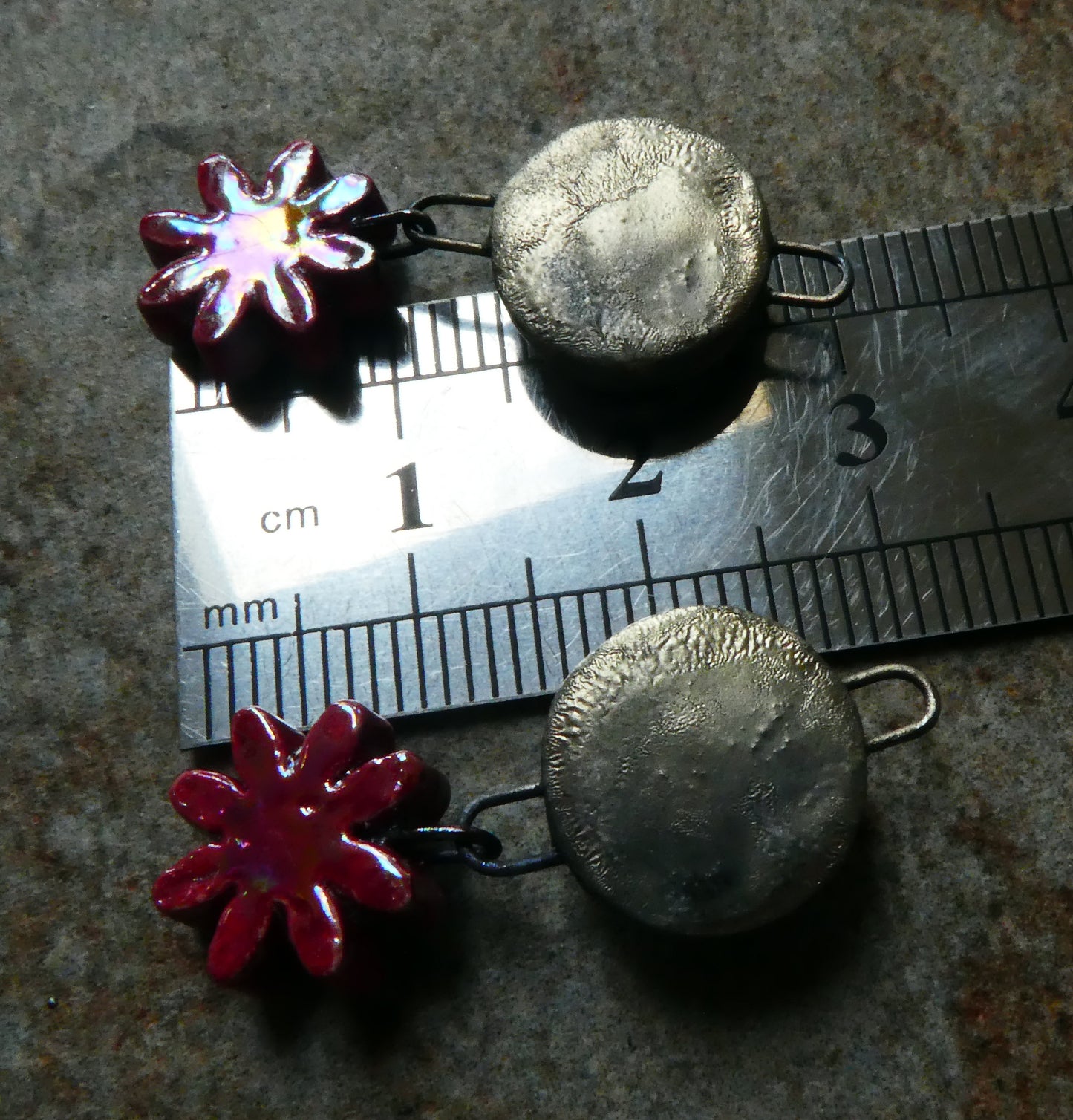 Ceramic Lustrous Moulded Disc and Flower Dangles #1 -Red