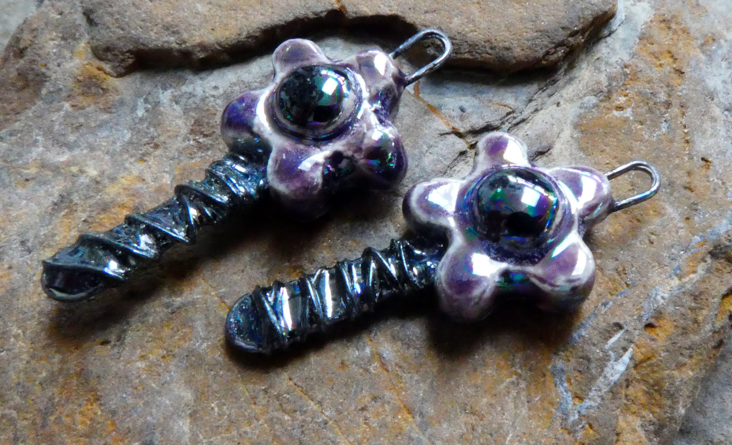 Ceramic Lustrous Wire Wrapped Flower Charms - Royal Fantasy