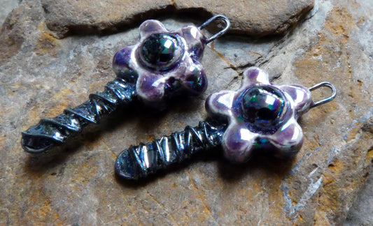 Ceramic Lustrous Wire Wrapped Flower Charms - Royal Fantasy
