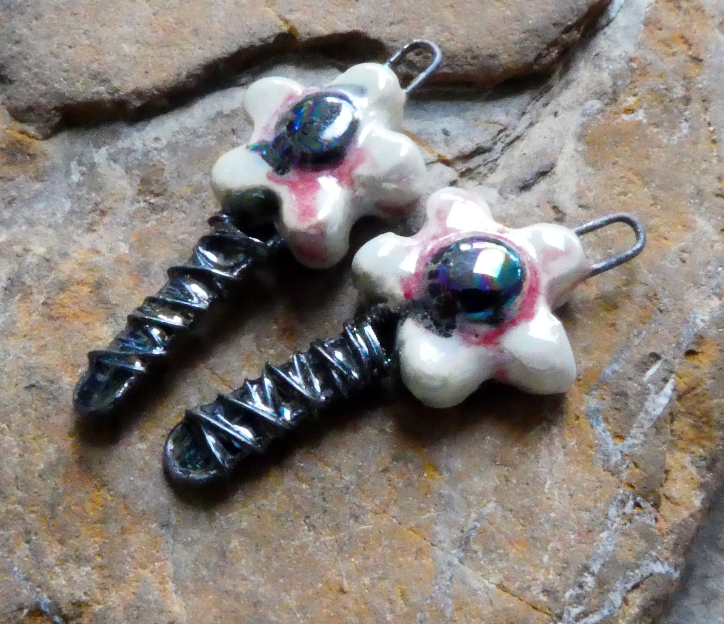 Ceramic Lustrous Wire Wrapped Flower Charms - Poppy Fields