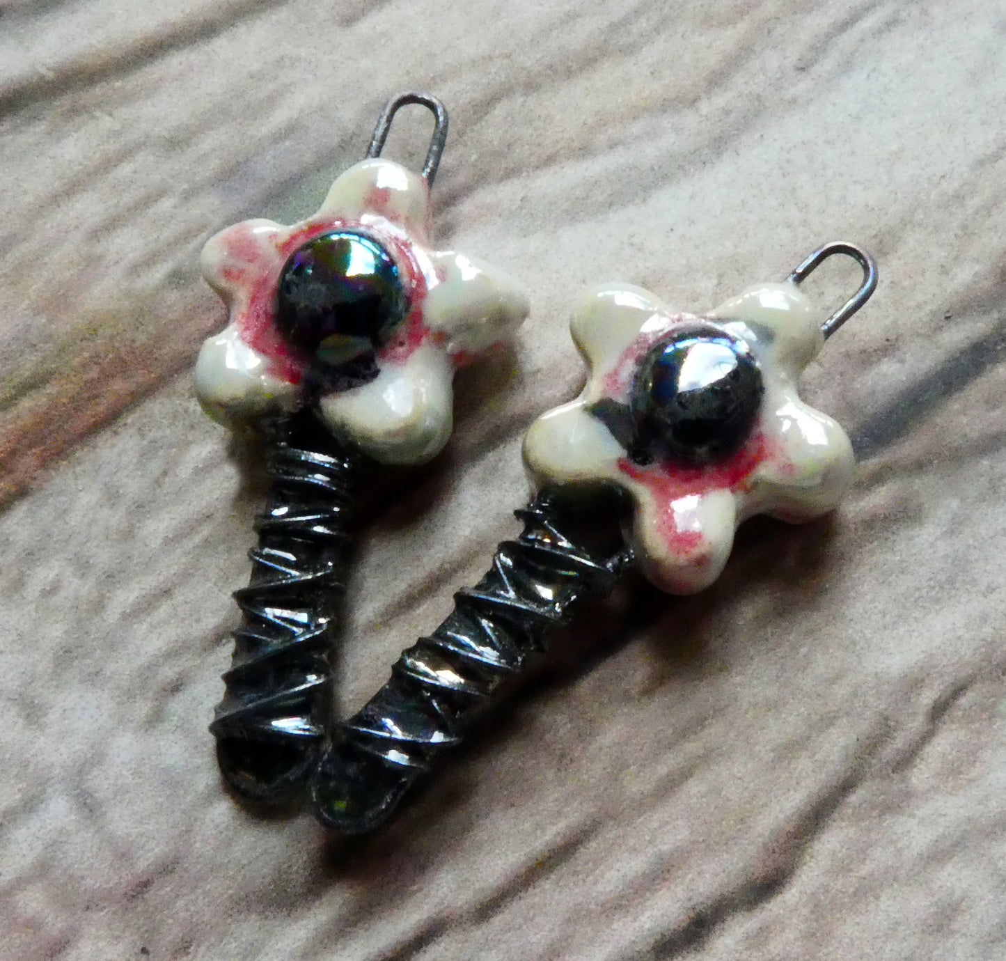 Ceramic Lustrous Wire Wrapped Flower Charms - Poppy Fields