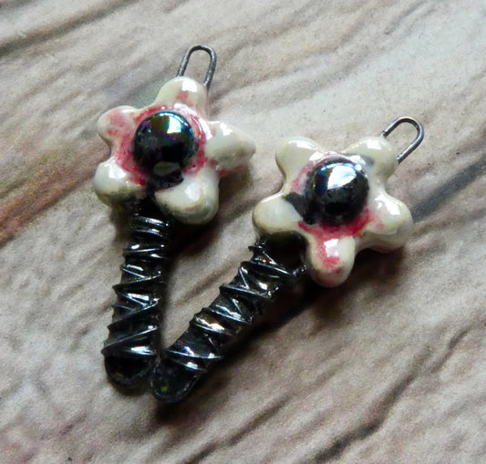 Ceramic Lustrous Wire Wrapped Flower Charms - Poppy Fields