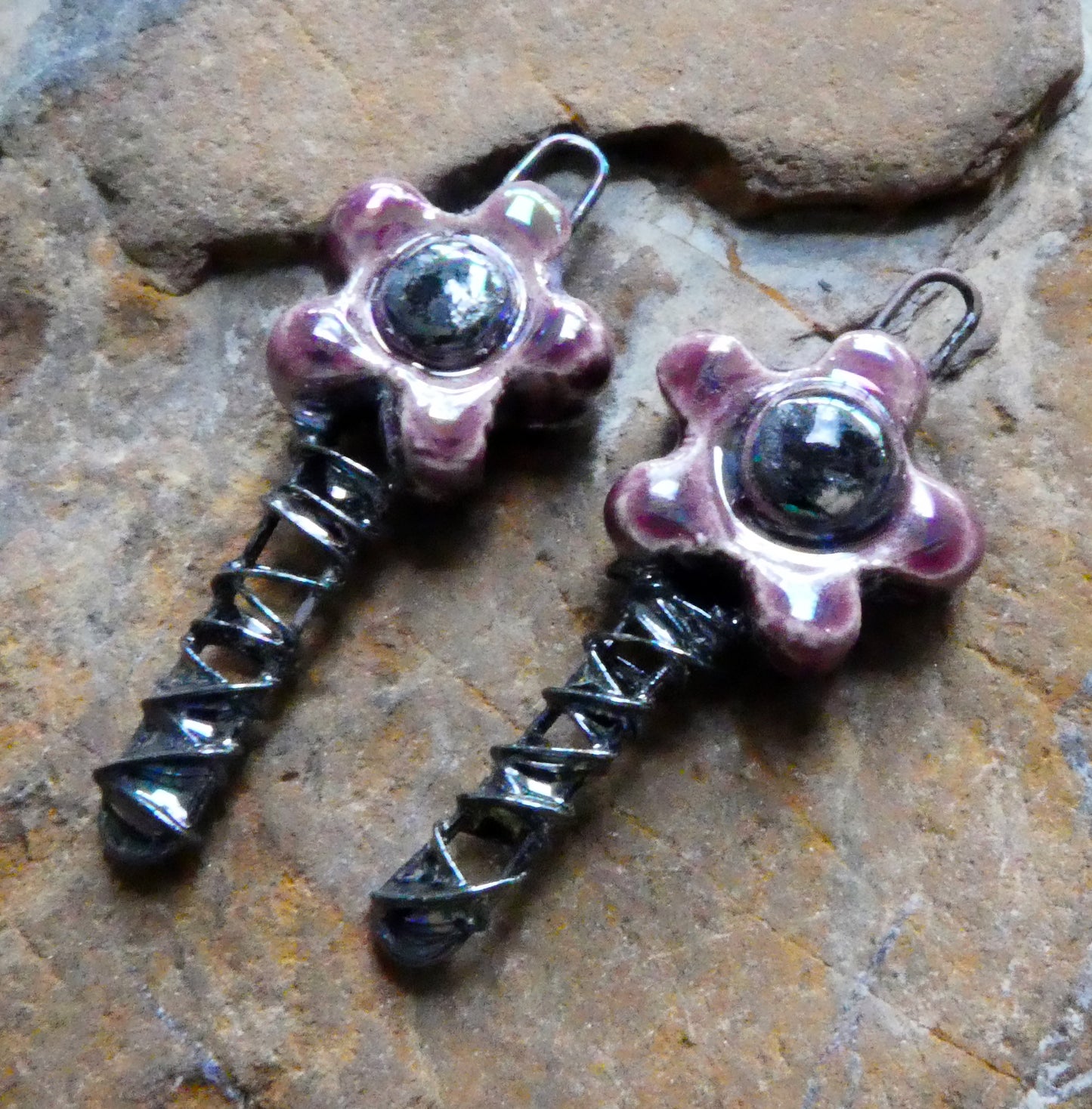 Ceramic Lustrous Wire Wrapped Flower Charms - Plum Jelly
