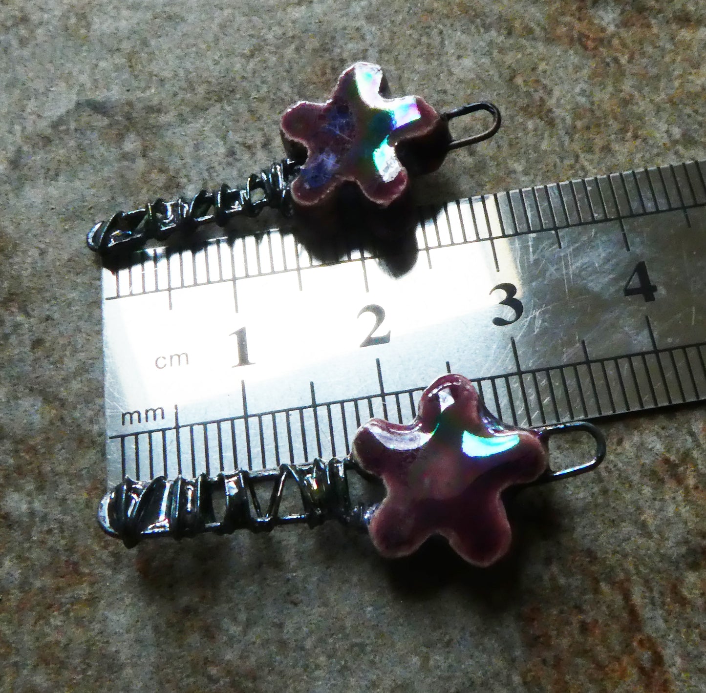 Ceramic Lustrous Wire Wrapped Flower Charms - Plum Jelly