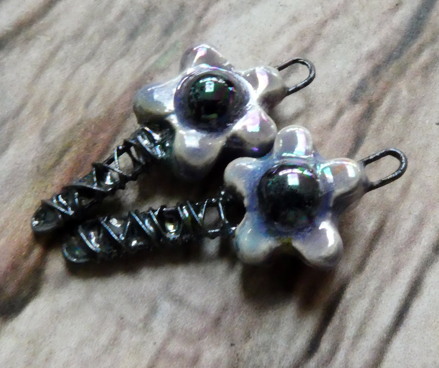 Ceramic Lustrous Wire Wrapped Flower Charms - Floral Fantasy