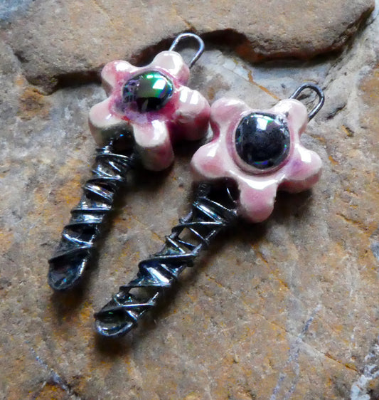 Ceramic Lustrous Wire Wrapped Flower Charms - Berry Tart