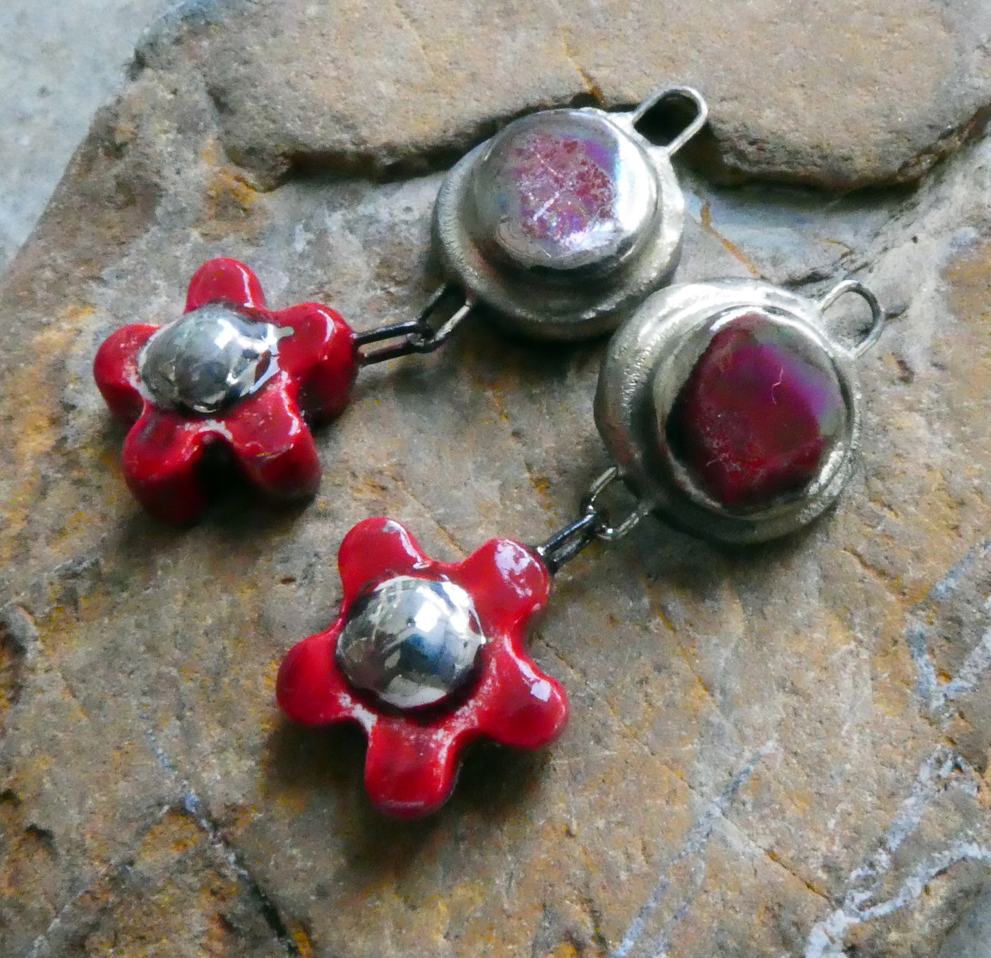 Ceramic Lustrous Moulded Disc and Flower Dangles #2 - Red