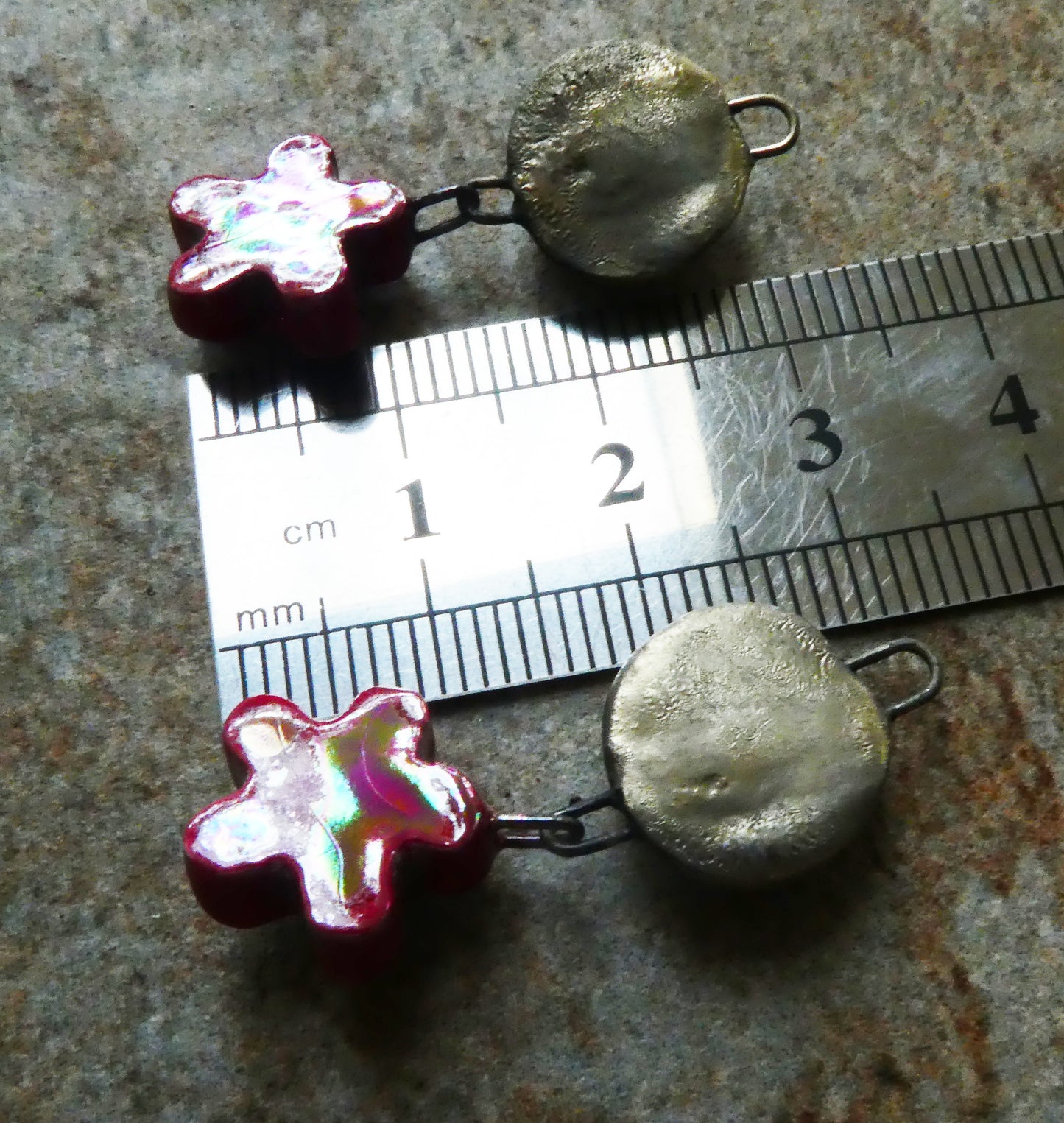 Ceramic Lustrous Moulded Disc and Flower Dangles #2 - Red