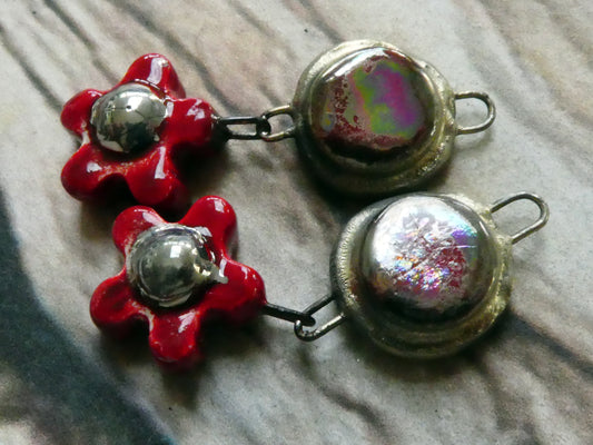 Ceramic Lustrous Moulded Disc and Flower Dangles #2 - Red