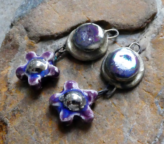 Ceramic Lustrous Moulded Disc and Flower Dangles #2 - Royal Fantasy