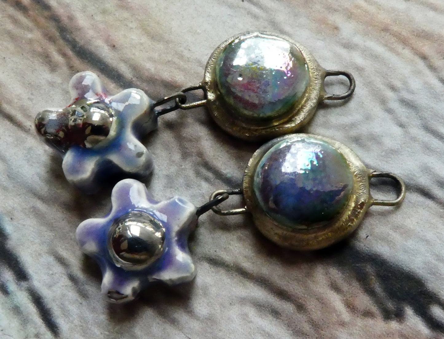 Ceramic Lustrous Moulded Disc and Flower Dangles #2 - Floral Fantasy