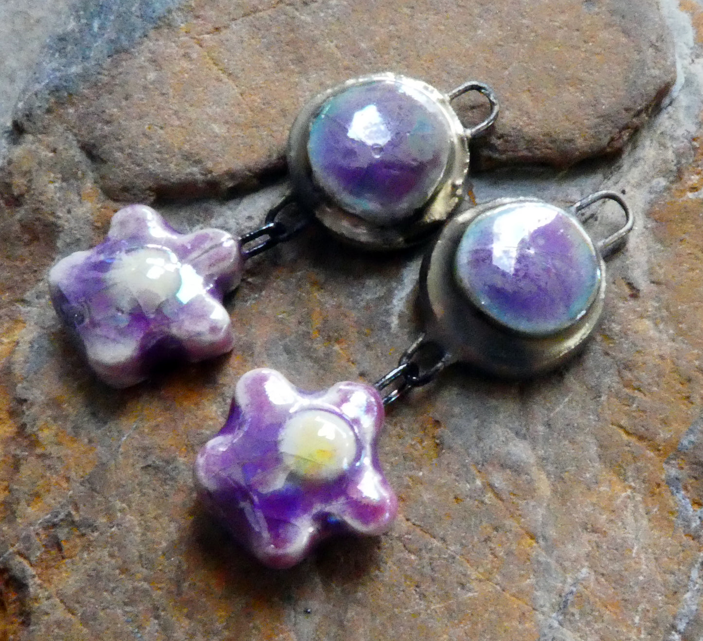 Ceramic Lustrous Moulded Disc and Flower Dangles #2 - Grapel