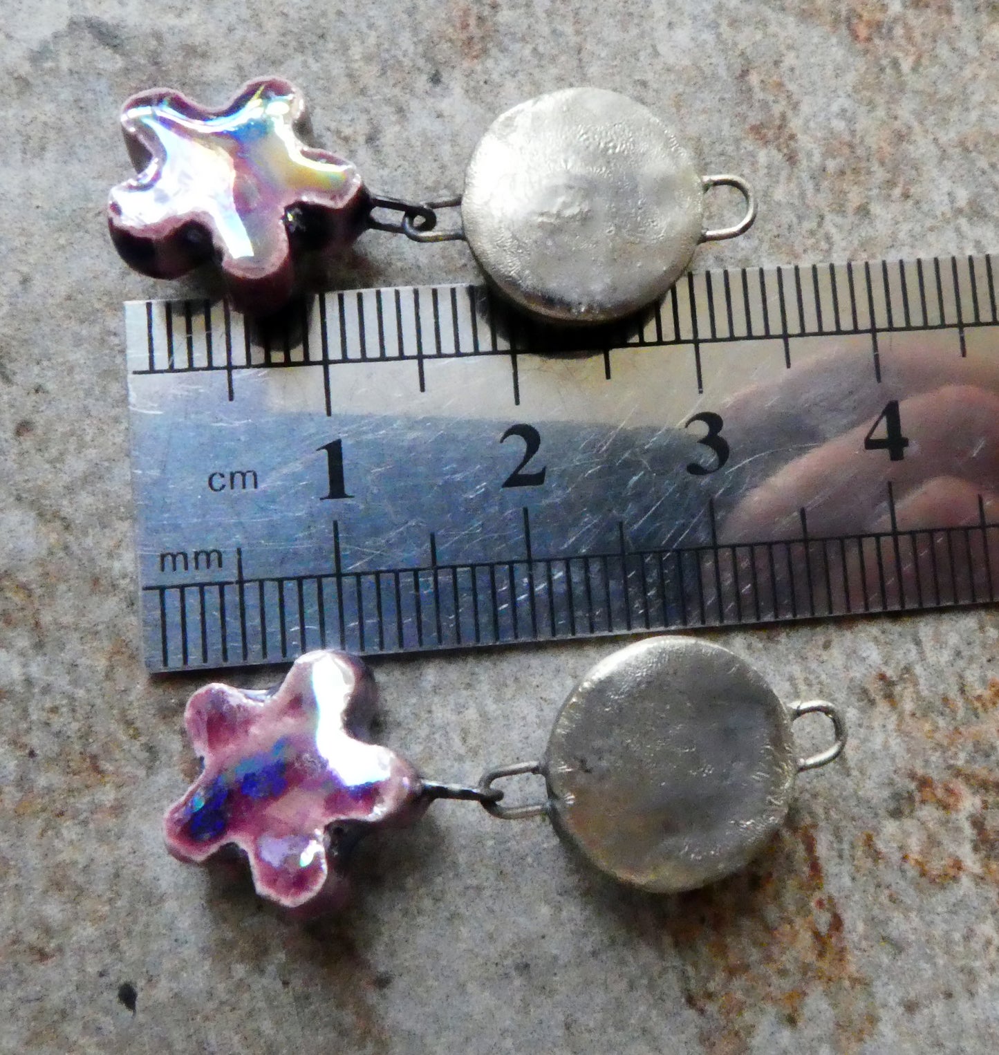 Ceramic Lustrous Moulded Disc and Flower Dangles #2 - Plum Jelly