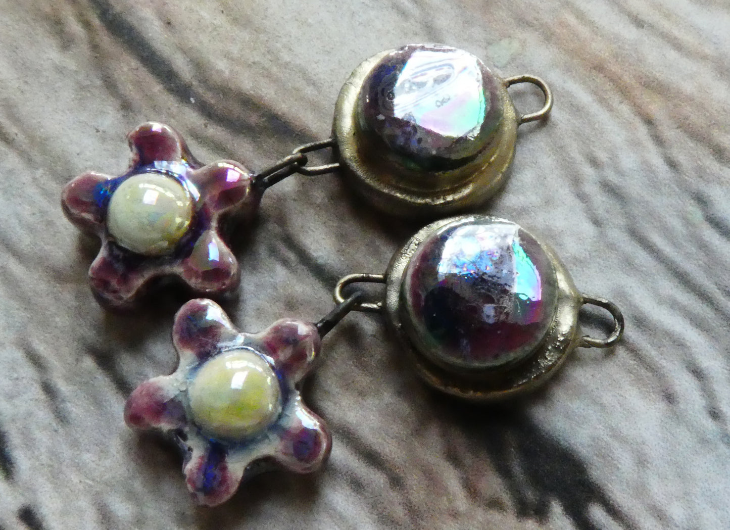 Ceramic Lustrous Moulded Disc and Flower Dangles #2 - Plum Jelly