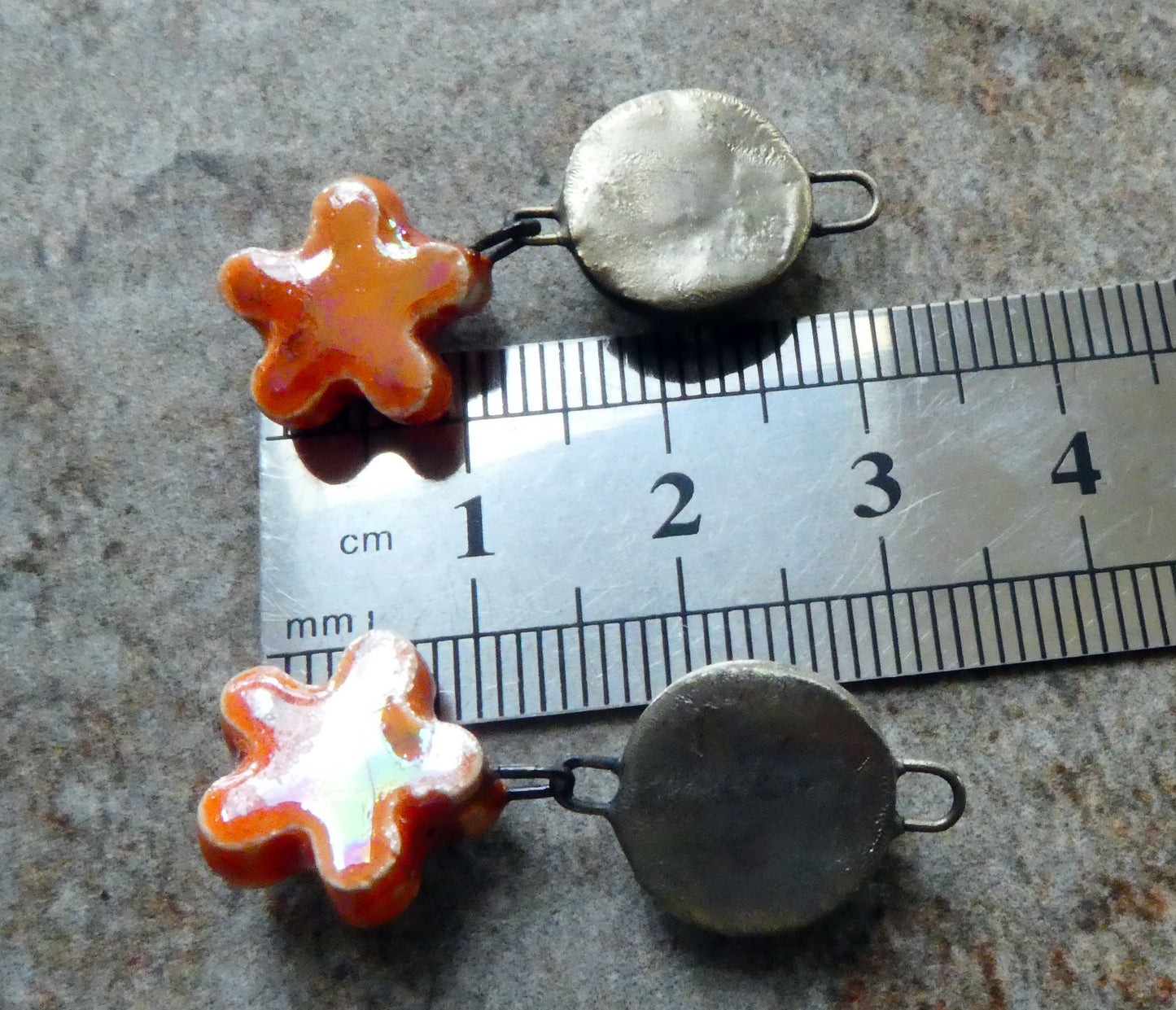 Ceramic Lustrous Moulded Disc and Flower Dangles #2 -Wildfire