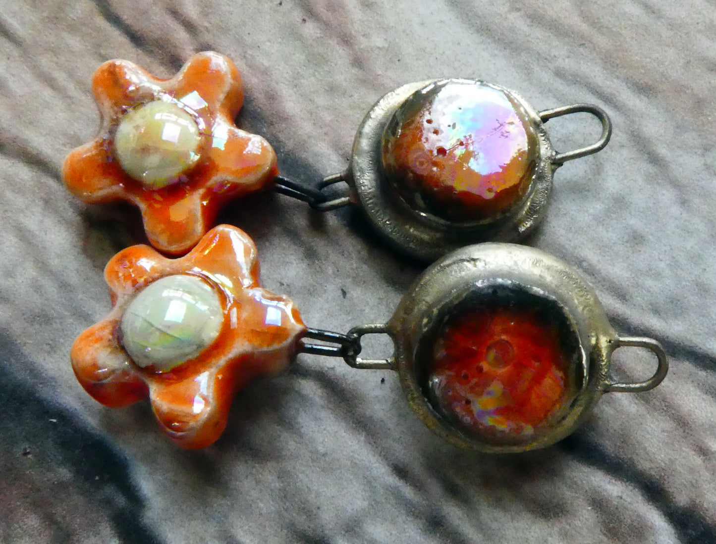 Ceramic Lustrous Moulded Disc and Flower Dangles #2 -Wildfire