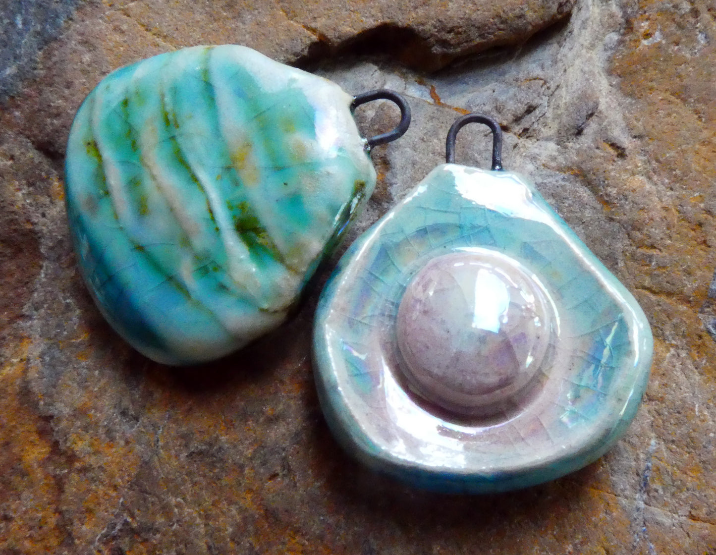 Ceramic Lustrous Layered Oyster Shell Charms -Taunton Turquoise