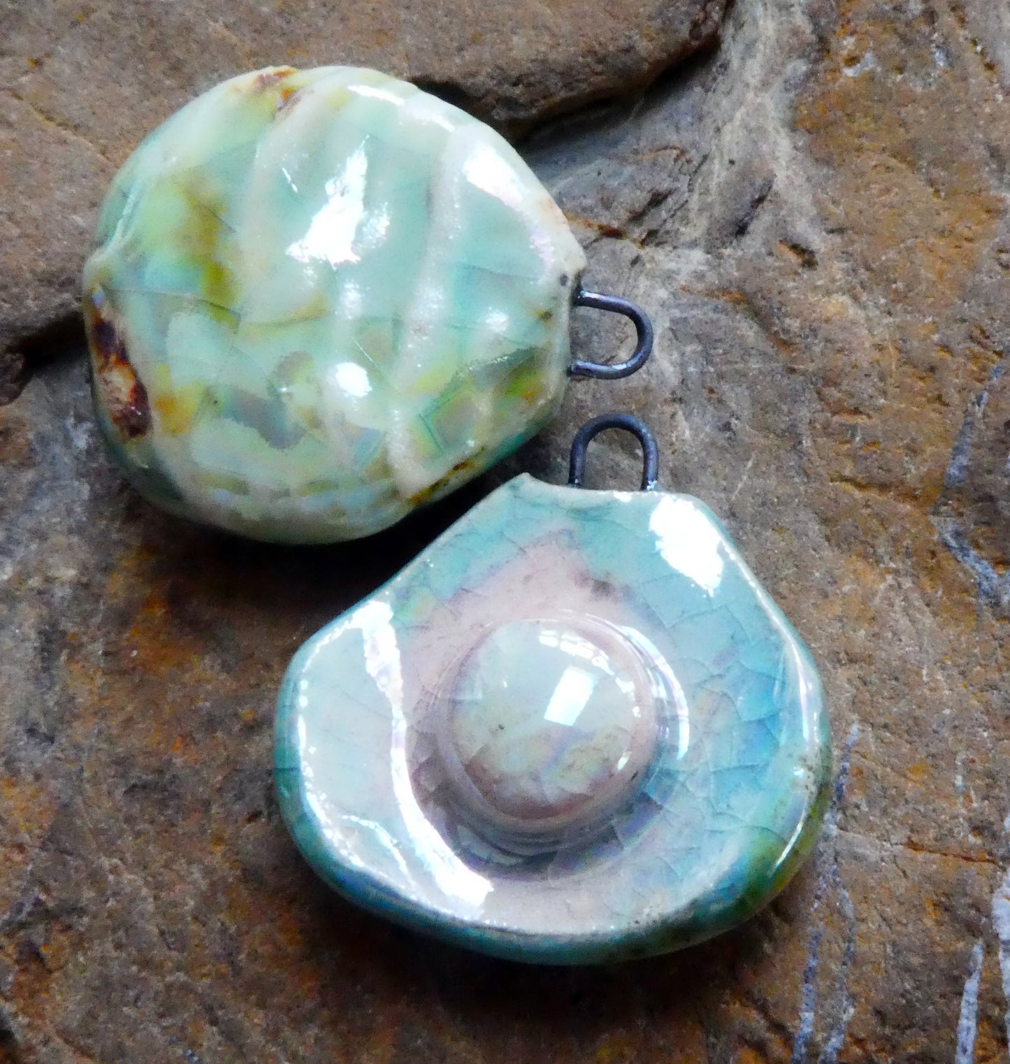 Ceramic Lustrous Layered Oyster Shell Charms -Egyptian Blue