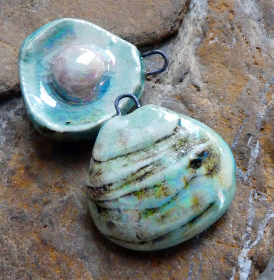 Ceramic Lustrous Layered Oyster Shell Charms -Turquoise Crackle