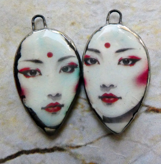 Ceramic Geisha Decal Face Charms -#1